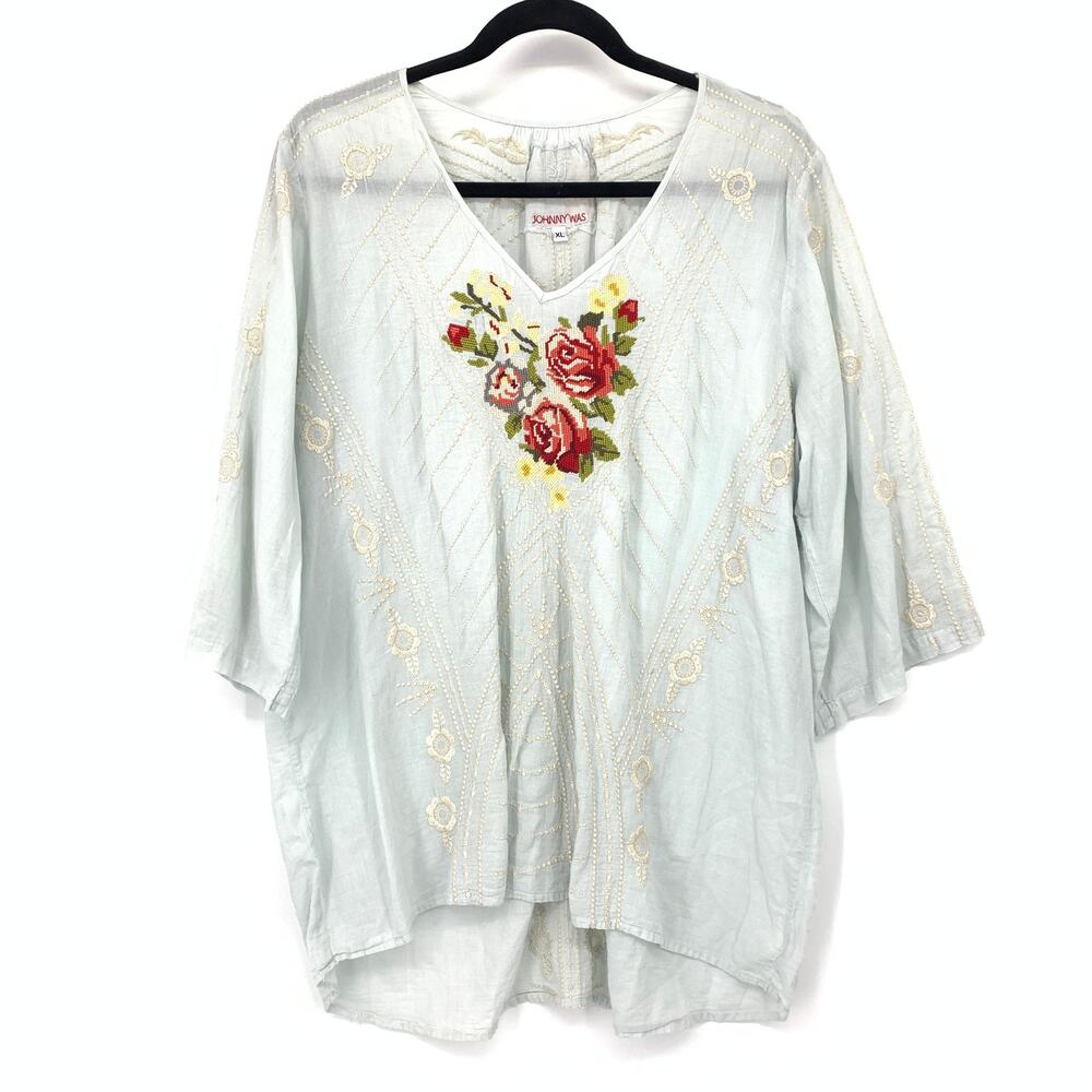 Johnny Was 3J Blouse Womens XL Light Blue Floral Embroidered Boho V Neck Tunic